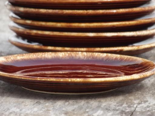 photo of vintage Hull oven proof pottery sandwich plates set, brown drip ring pattern #2