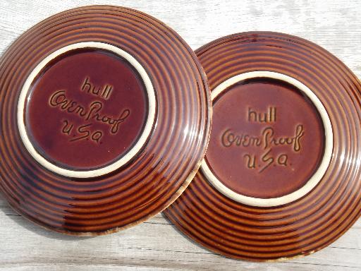 photo of vintage Hull oven proof pottery sandwich plates set, brown drip ring pattern #4