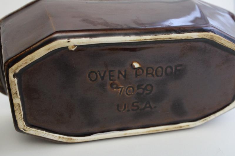 photo of vintage Hull pottery Oven Proof loaf pans, brown drip glaze w/ fruit pattern  #3