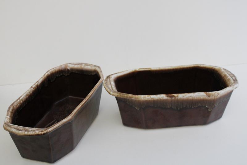 photo of vintage Hull pottery Oven Proof loaf pans, brown drip glaze w/ fruit pattern  #5