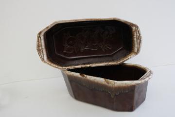 catalog photo of vintage Hull pottery Oven Proof loaf pans, brown drip glaze w/ fruit pattern 