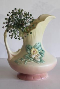 catalog photo of vintage Hull pottery Wildflower trillium pattern ewer pitcher shape vase