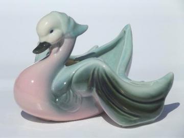 catalog photo of vintage Hull pottery swan bird planter in retro pink & blue!