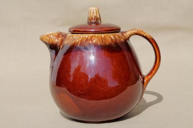 photo of vintage Hull pottery tea pot, mirror brown drip glaze stoneware teapot #1