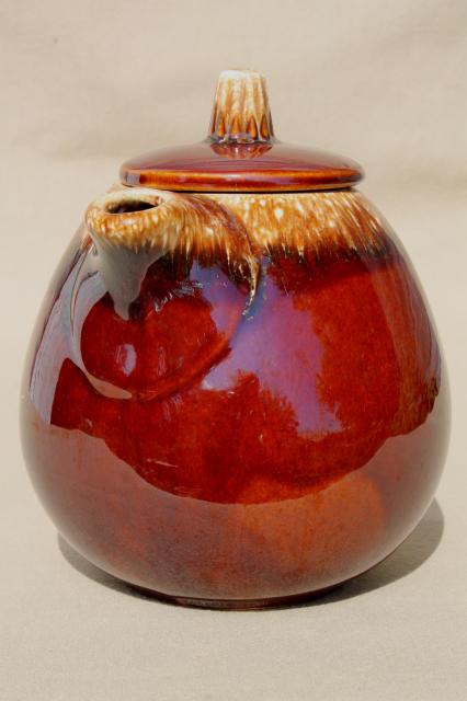 photo of vintage Hull pottery tea pot, mirror brown drip glaze stoneware teapot #2