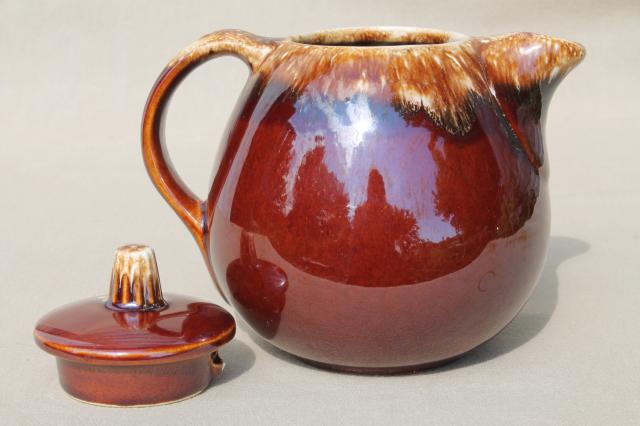 photo of vintage Hull pottery tea pot, mirror brown drip glaze stoneware teapot #3