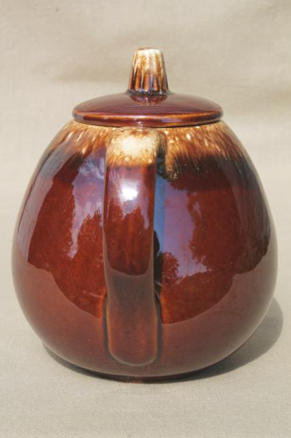 photo of vintage Hull pottery tea pot, mirror brown drip glaze stoneware teapot #4