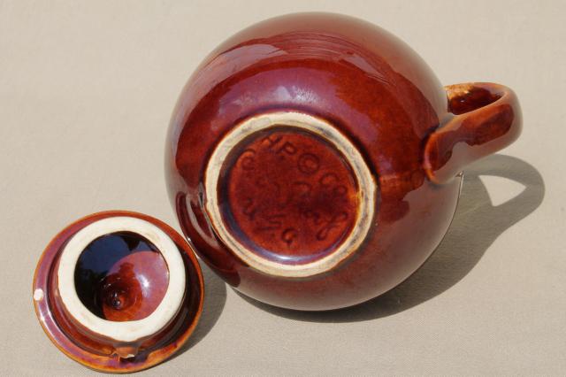 photo of vintage Hull pottery tea pot, mirror brown drip glaze stoneware teapot #6