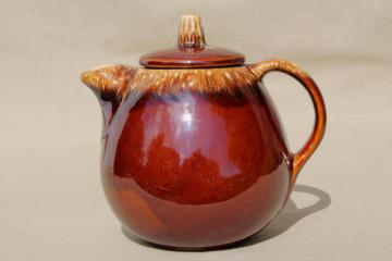 catalog photo of vintage Hull pottery tea pot, mirror brown drip glaze stoneware teapot