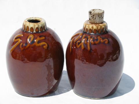 photo of vintage Hull stoneware pottery range set S&P shakers, mirror brown drip glaze #1