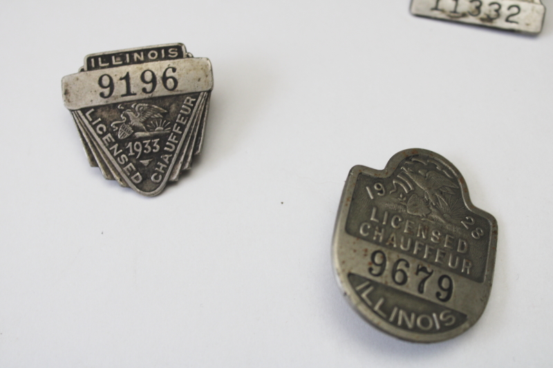 photo of vintage Illinois licensed chauffeur registration tag pin back badges 1928 1929 1933 1939 prohibition era  #2