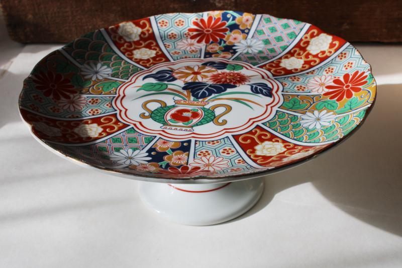 photo of vintage Imari fan pattern china cake stand plate w/ paper label Arita Japan #1