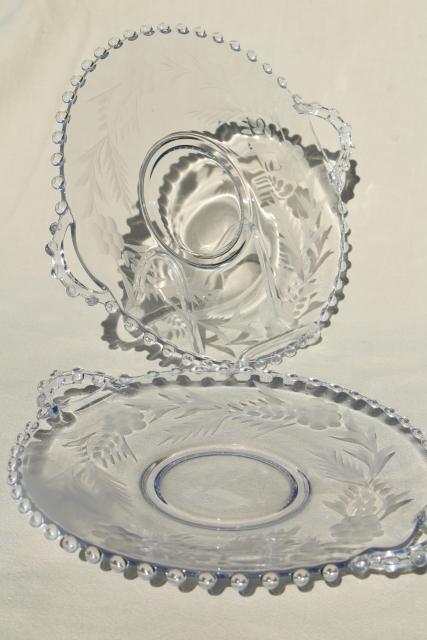 photo of vintage Imperial candlewick floral etch glass sandwich trays, serving plate w/ handles #1