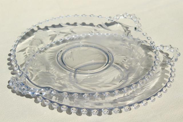 photo of vintage Imperial candlewick floral etch glass sandwich trays, serving plate w/ handles #2