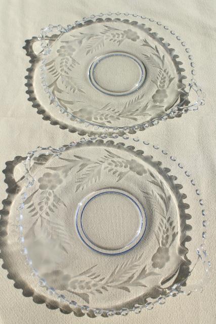 photo of vintage Imperial candlewick floral etch glass sandwich trays, serving plate w/ handles #3