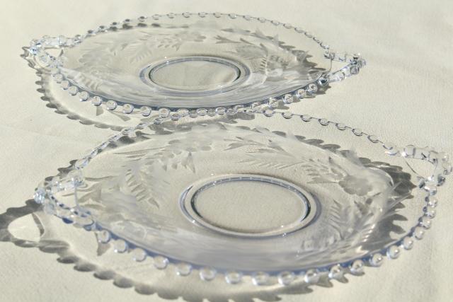 photo of vintage Imperial candlewick floral etch glass sandwich trays, serving plate w/ handles #4