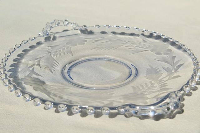 photo of vintage Imperial candlewick floral etch glass sandwich trays, serving plate w/ handles #5