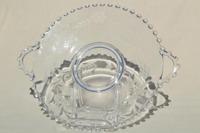 photo of vintage Imperial candlewick floral etch glass sandwich trays, serving plate w/ handles #6