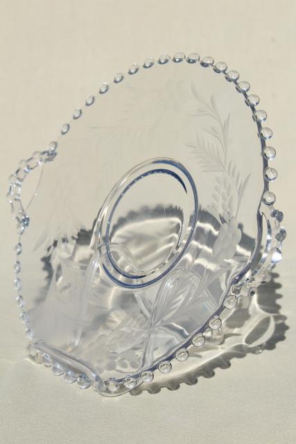 photo of vintage Imperial candlewick floral etch glass sandwich trays, serving plate w/ handles #8