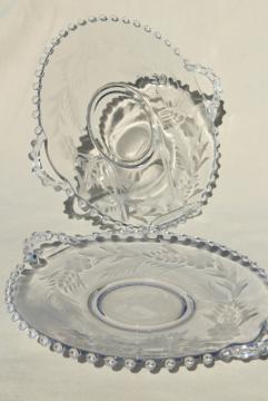 catalog photo of vintage Imperial candlewick floral etch glass sandwich trays, serving plate w/ handles