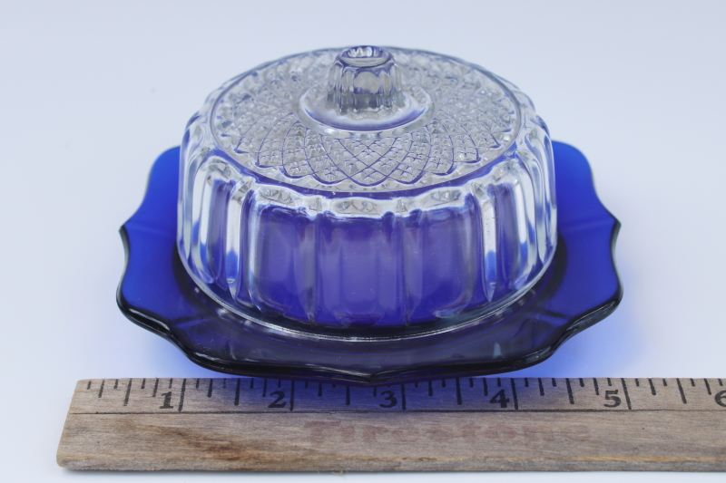 photo of vintage Imperial glass butter or cheese dish, cobalt blue glass plate w/ clear dome cover #1