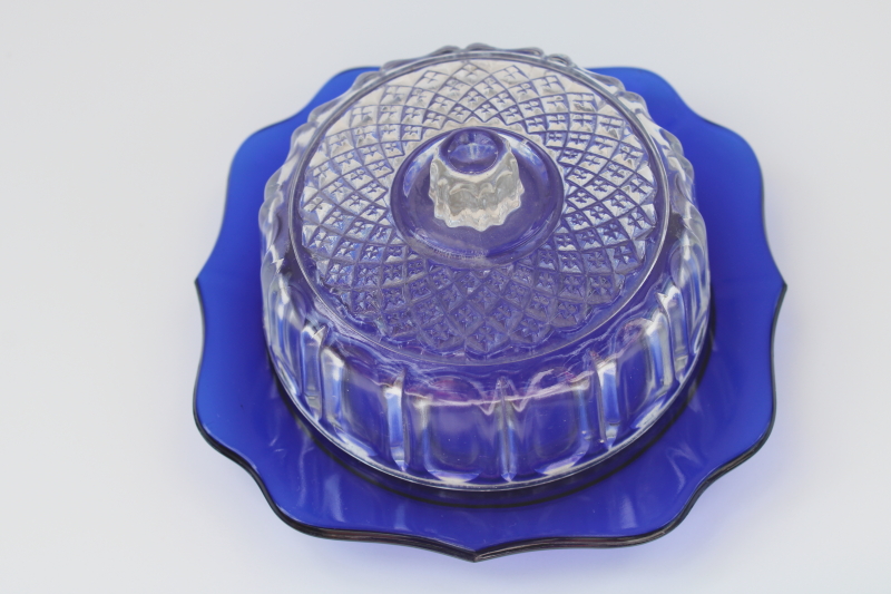 photo of vintage Imperial glass butter or cheese dish, cobalt blue glass plate w/ clear dome cover #5