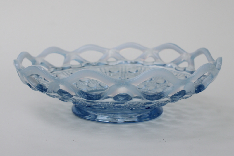 photo of vintage Imperial glass candy dish, Katy pattern pale blue glass bowl w/ opalescent lace edge  #2