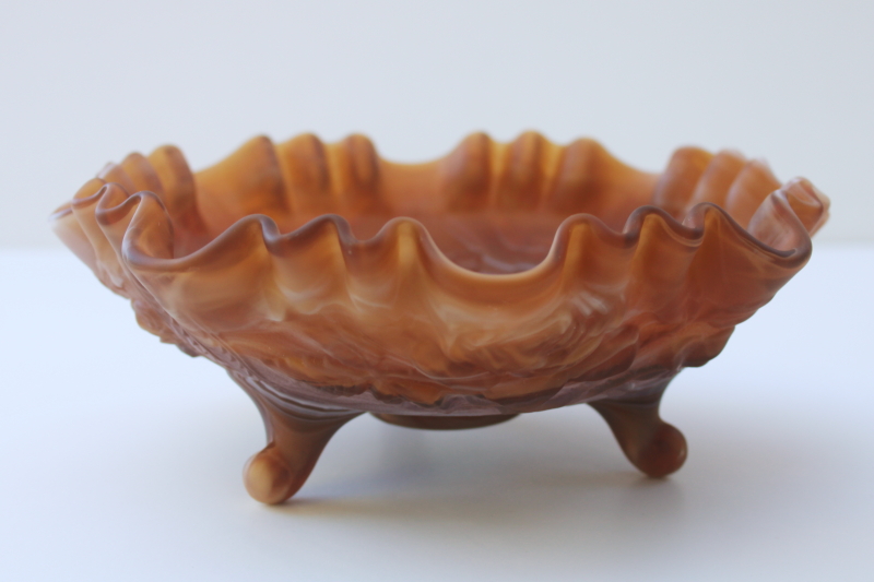 photo of vintage Imperial glass caramel brown slag glass rose bowl, three toed candy dish  #2