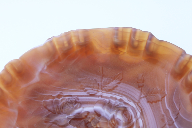 photo of vintage Imperial glass caramel brown slag glass rose bowl, three toed candy dish  #5