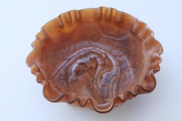 catalog photo of vintage Imperial glass caramel brown slag glass rose bowl, three toed candy dish 