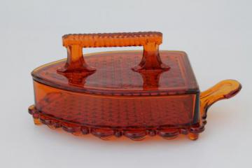 catalog photo of vintage Imperial glass flat iron figural covered dish, amber glass