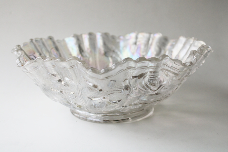 photo of vintage Imperial glass rose pattern bowl, white carnival glass iridescent luster  #4