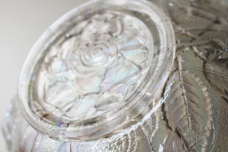 photo of vintage Imperial glass rose pattern bowl, white carnival glass iridescent luster  #5