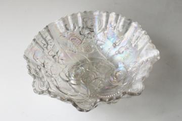 vintage Imperial glass rose pattern bowl, white carnival glass iridescent luster 