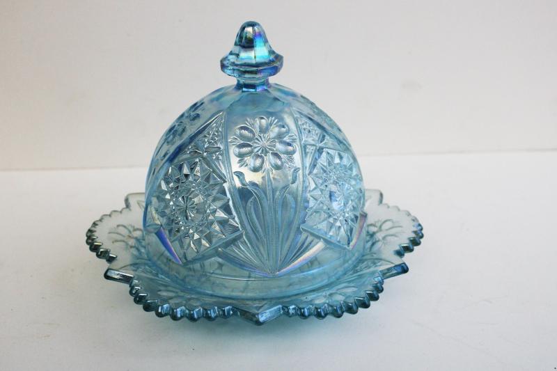 photo of vintage Imperial horizon blue (ice blue) carnival glass round covered butter dish w/ flower #1