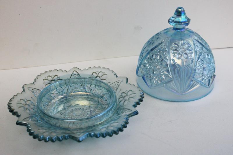 photo of vintage Imperial horizon blue (ice blue) carnival glass round covered butter dish w/ flower #2