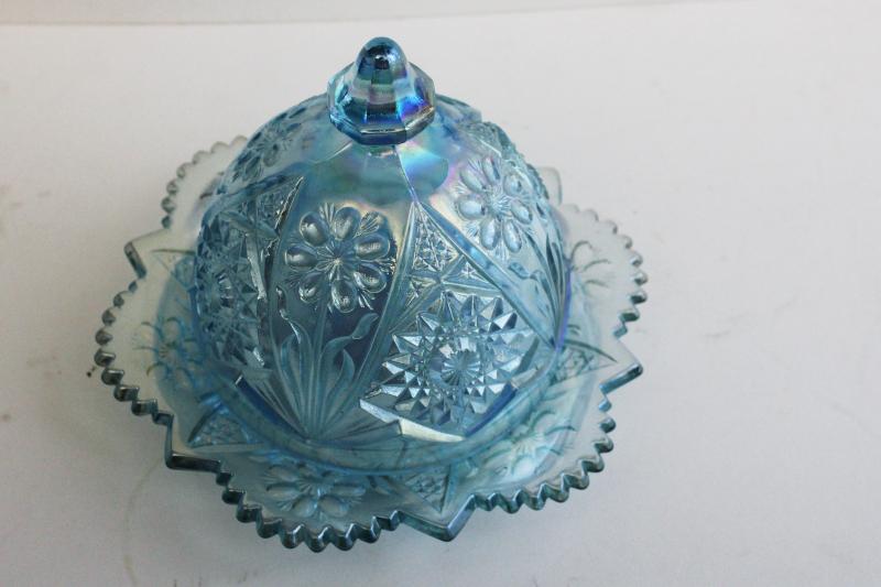 photo of vintage Imperial horizon blue (ice blue) carnival glass round covered butter dish w/ flower #6