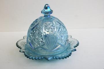 catalog photo of vintage Imperial horizon blue (ice blue) carnival glass round covered butter dish w/ flower