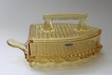 catalog photo of vintage Imperial label amber yellow glass covered box, old fashioned sad iron candy dish 