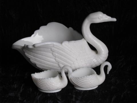 photo of vintage Imperial milk white glass swans, two small dishes, large swan bowl #1