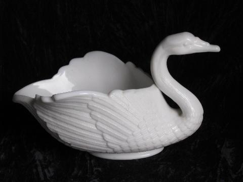 photo of vintage Imperial milk white glass swans, two small dishes, large swan bowl #2