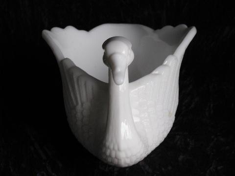 photo of vintage Imperial milk white glass swans, two small dishes, large swan bowl #3