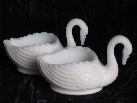 photo of vintage Imperial milk white glass swans, two small dishes, large swan bowl #4