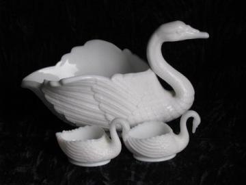 catalog photo of vintage Imperial milk white glass swans, two small dishes, large swan bowl