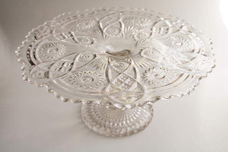 photo of vintage Imperial pressed pattern glass cake stand, large clear glass pedestal plate #1