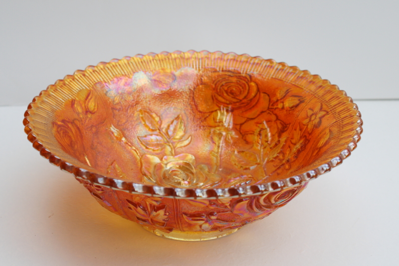 photo of vintage Imperial rose pattern marigold orange carnival luster glass bowl #1