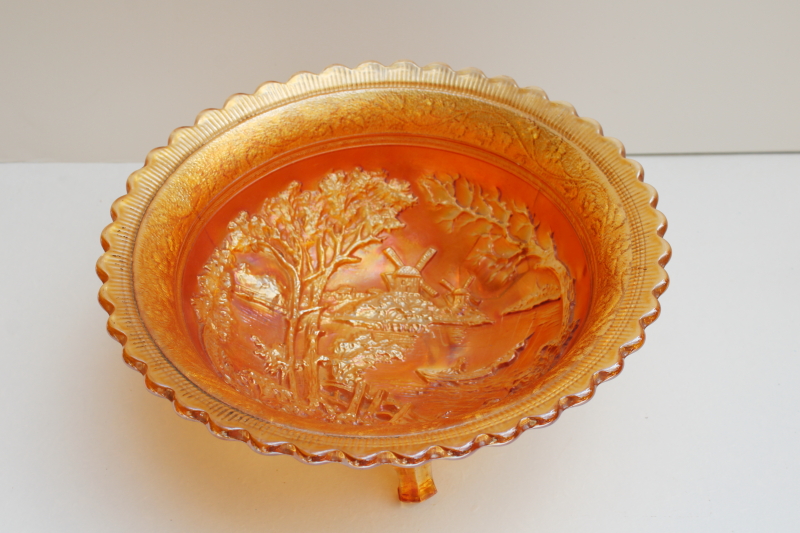 photo of vintage Imperial windmill pattern marigold orange carnival luster glass bowl #1