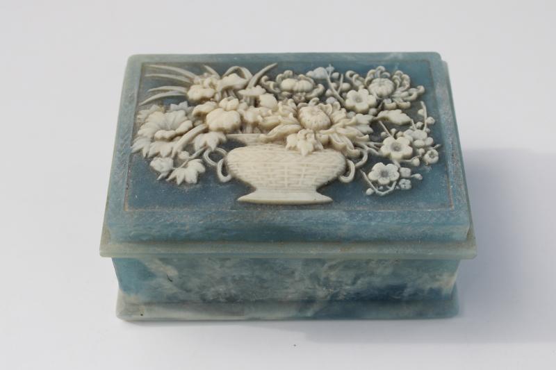 photo of vintage Incolay blue marble jewelry or trinket box w/ flower basket cameo #1