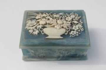 catalog photo of vintage Incolay blue marble jewelry or trinket box w/ flower basket cameo