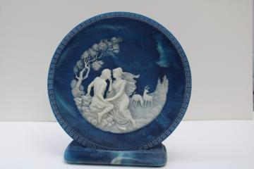 vintage Incolay blue marbled stone collector's plate w/ stand, Isle of Circe